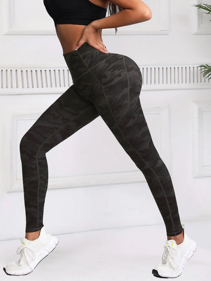 Women Camouflage Printing Leggings with Pockets High Waist Elastic Fitness Tights Outdoors Running Pants