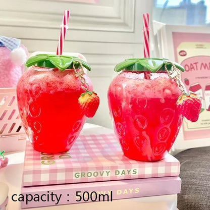 500ml Summer Creative Strawberry Straw Cup, Portable Water Bottle for Milk Coffee, Home Camping Bottle
