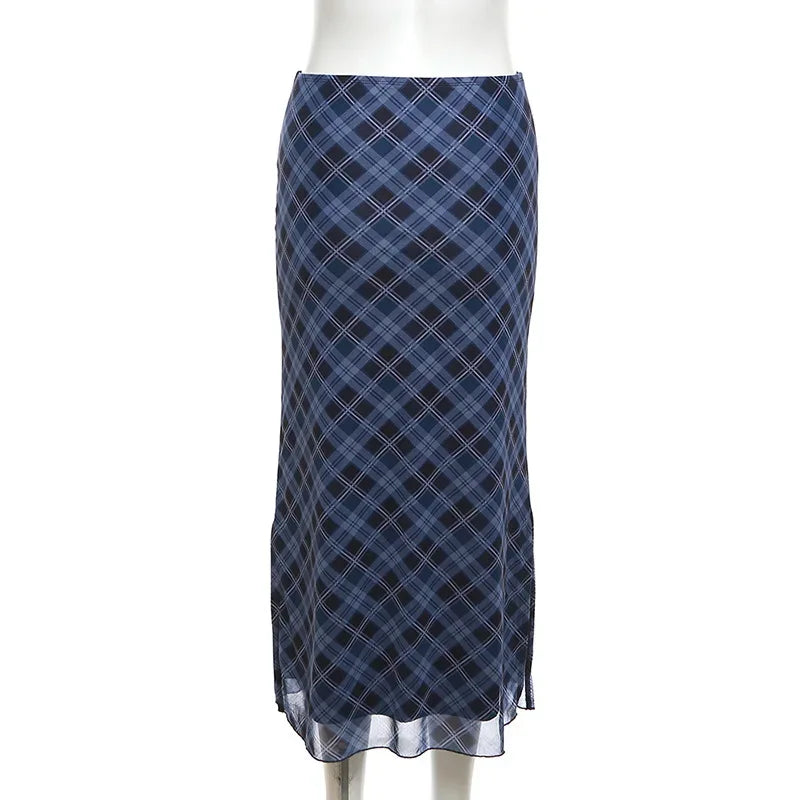 Women Spring Autumn Plaid Print Wrap Hips Skirts Fashion Ankle-Length Sexy Slim Pencil Skirts Preppy Style Girls Slit Midiskirt
