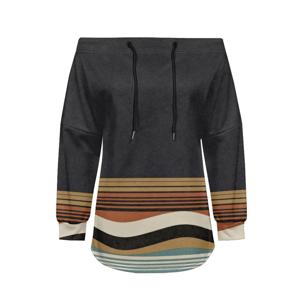 Trendy Off-Shoulder Sweatshirts with Striped & Polka Dot Patterns Drawstring Casual Loose-Fit Top for Women Casual Streetwear