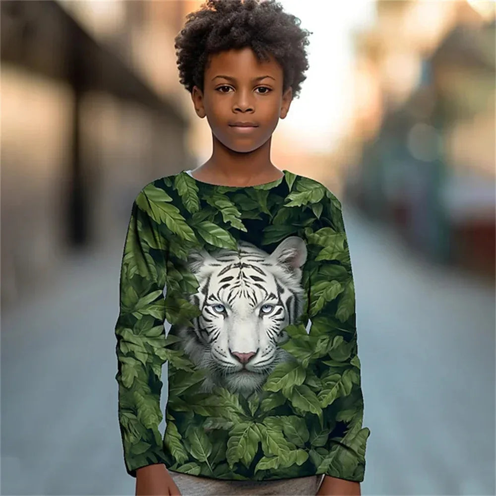 Clothing For Boys Leaf Tiger Animal Monkey Print Long Sleeve Top For Children T-Shirt Teenagers 2023 Autumn Girls Tshirt Kids
