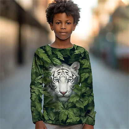 Clothing For Boys Leaf Tiger Animal Monkey Print Long Sleeve Top For Children T-Shirt Teenagers 2023 Autumn Girls Tshirt Kids