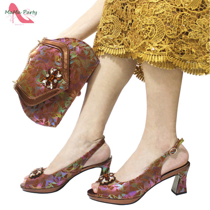 Fashion Peep Toe Sandals Italian Design Nigerian Shoes and Bag Set in Fuchsia Color Sweet Style for Wedding Party