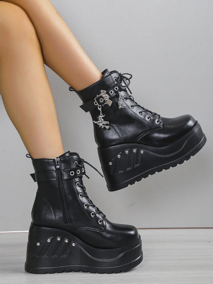 2024 New Boots for Women Fashion Hot Sale Punk Goth Platform Heels Wedge Women's Boots Casual Goth Punk Size 43 Women's Shoes
