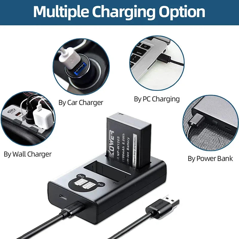 Dual Camera Battery Charger for Sony NP-FW50 FZ100 BX1 Canon LP-E6 E8 E17 NB-13L fuji NP-W235 W126 Nikon EN-El15 EL25 Panasonic