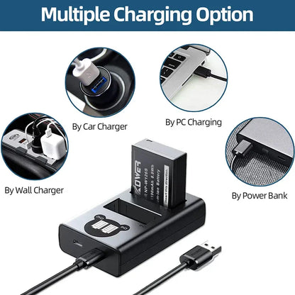 Dual Camera Battery Charger for Sony NP-FW50 FZ100 BX1 Canon LP-E6 E8 E17 NB-13L fuji NP-W235 W126 Nikon EN-El15 EL25 Panasonic