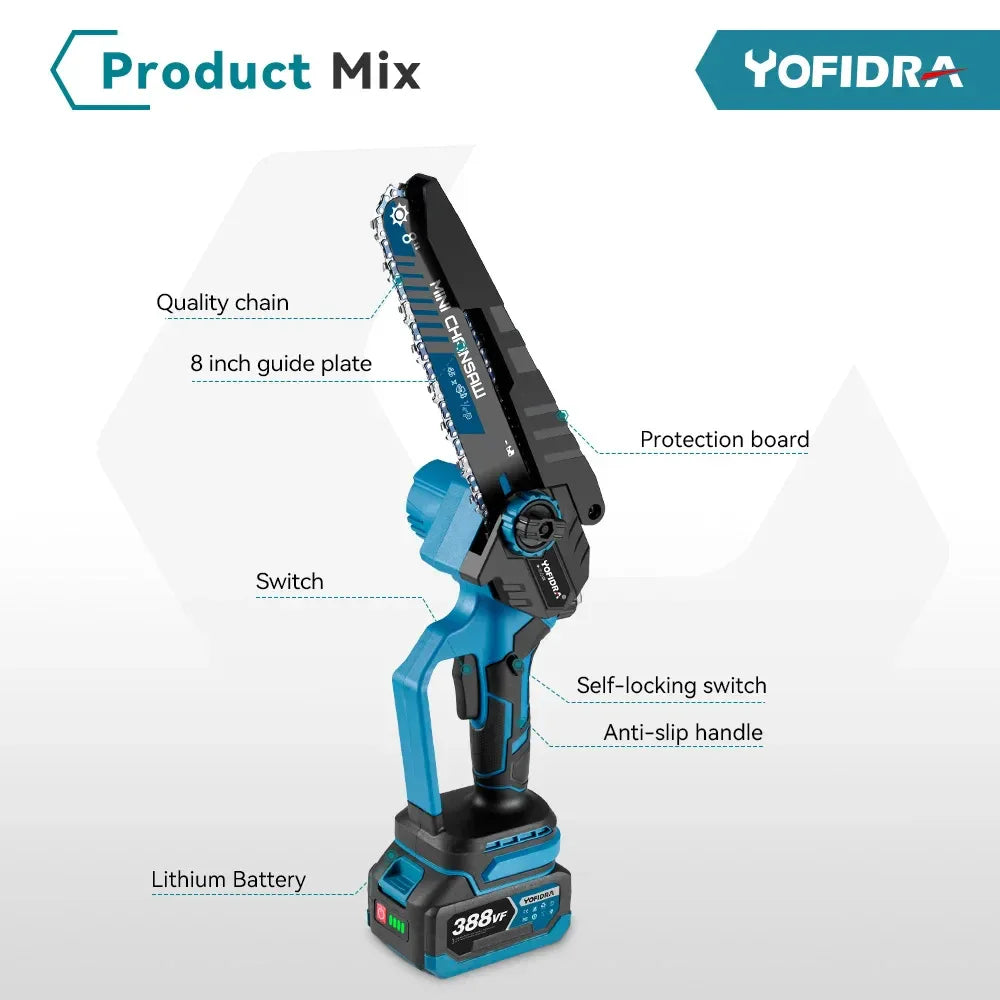 YOFIDRA 3500W 8 Inch Brushless Electric Chainsaw Cordless Electric Cutting Pruning Chain Saw Garden Tool For Makita Battery Pin