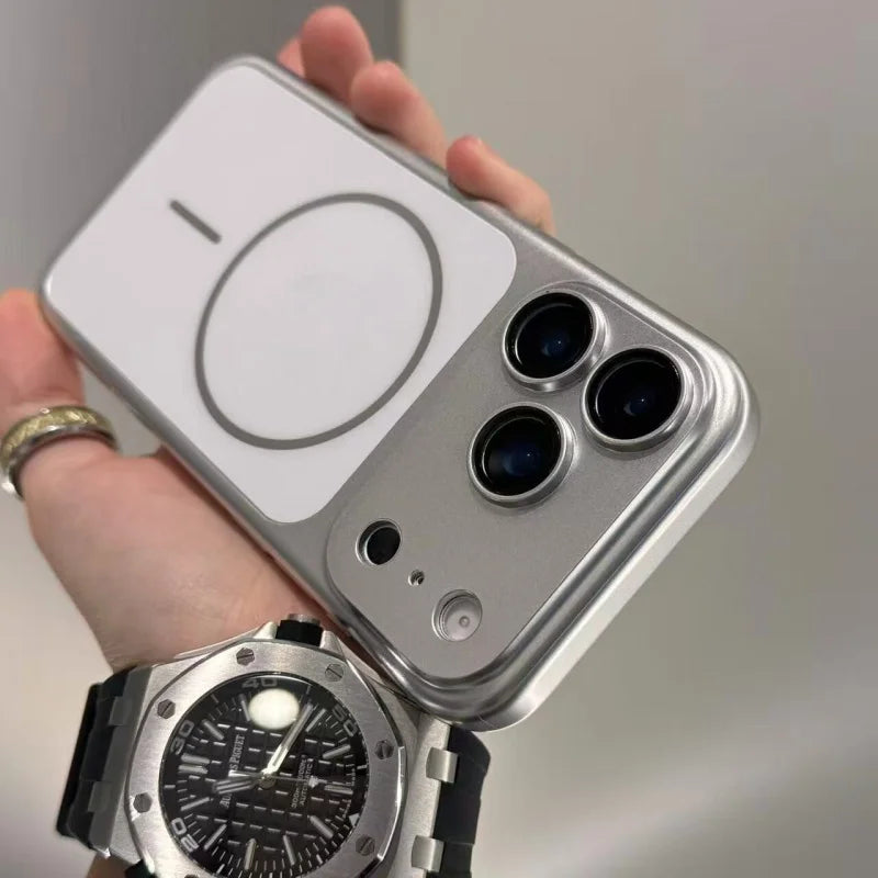 Original Metal Color Magnetic Charge Case For iPhone 18 17 Air 16 15 14 13 Pro Max For Magsafe Large Window Plating Rugged Cover