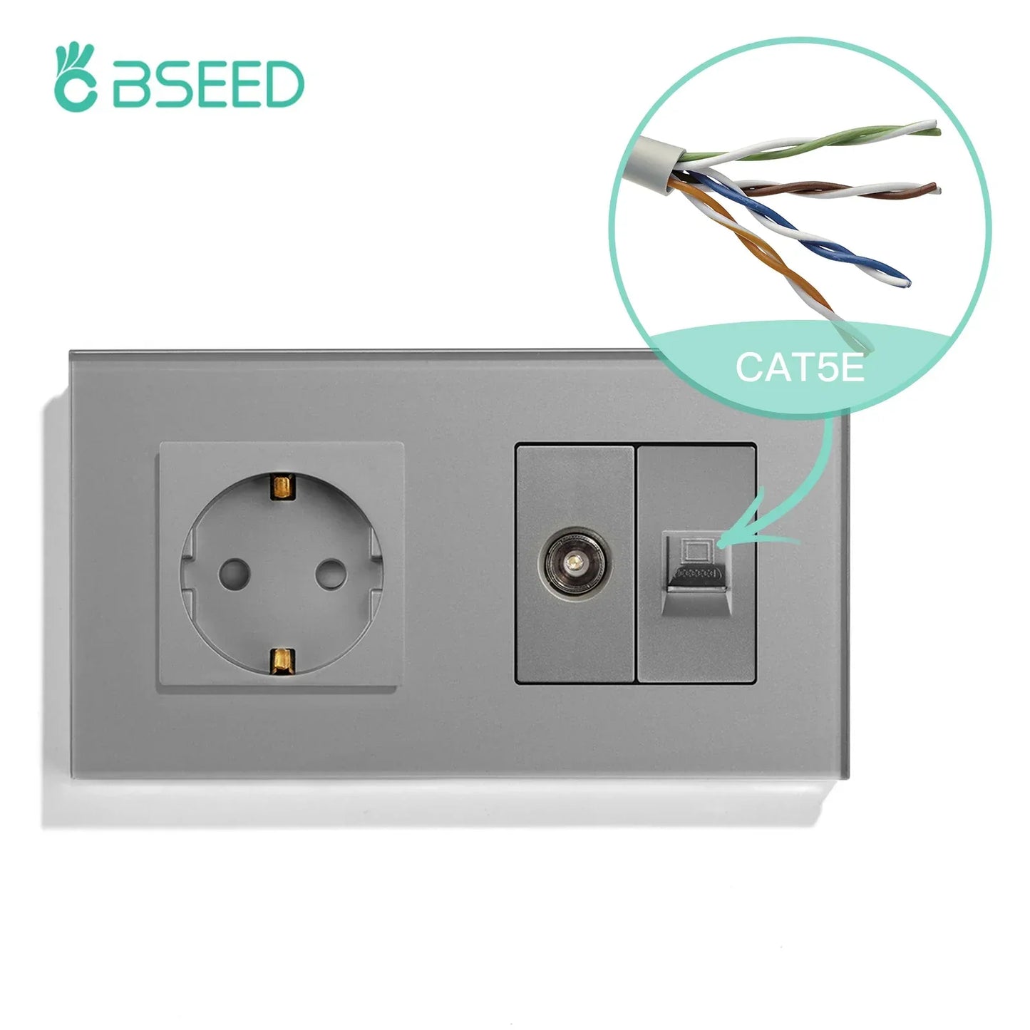 BSEED Single TV CAT5 Internet Socket Double EU Power Socket Triple Germany  With RJ45 Television Wall Sockets Glass Frame