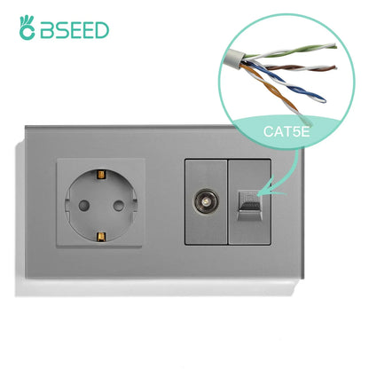 BSEED Single TV CAT5 Internet Socket Double EU Power Socket Triple Germany  With RJ45 Television Wall Sockets Glass Frame