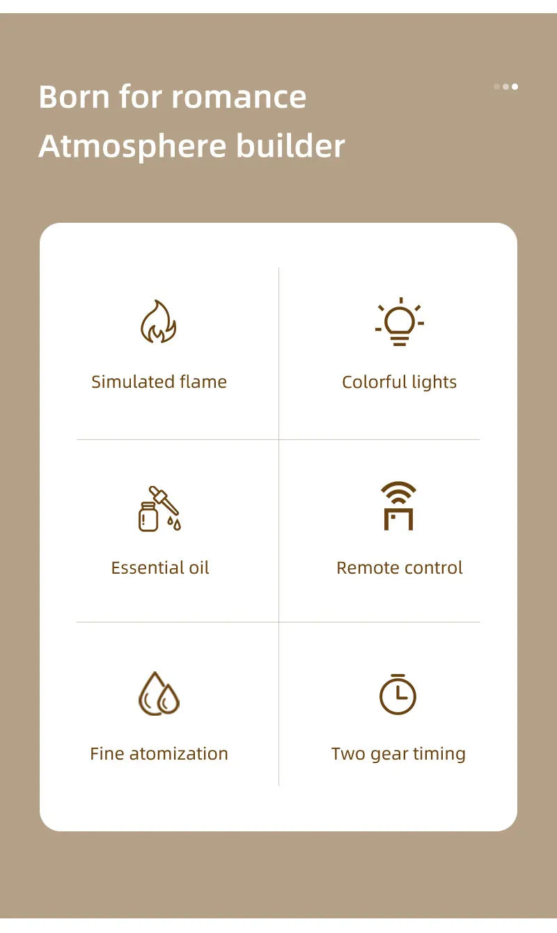 250ml Flame Fireplace Aroma Humidifier Colorful Light Aromatherapy Essential Oil Diffuser with Timed Auto Off for Home Bedroom