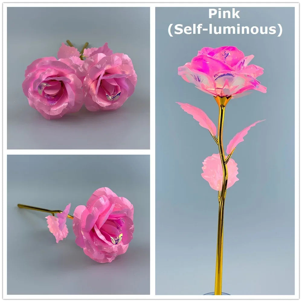 2024 Luminous Rose Valentine's Day Present Gifts Eternal Rose Flower Simulation 24k Gold Foil Rose Mother's Day Gifts