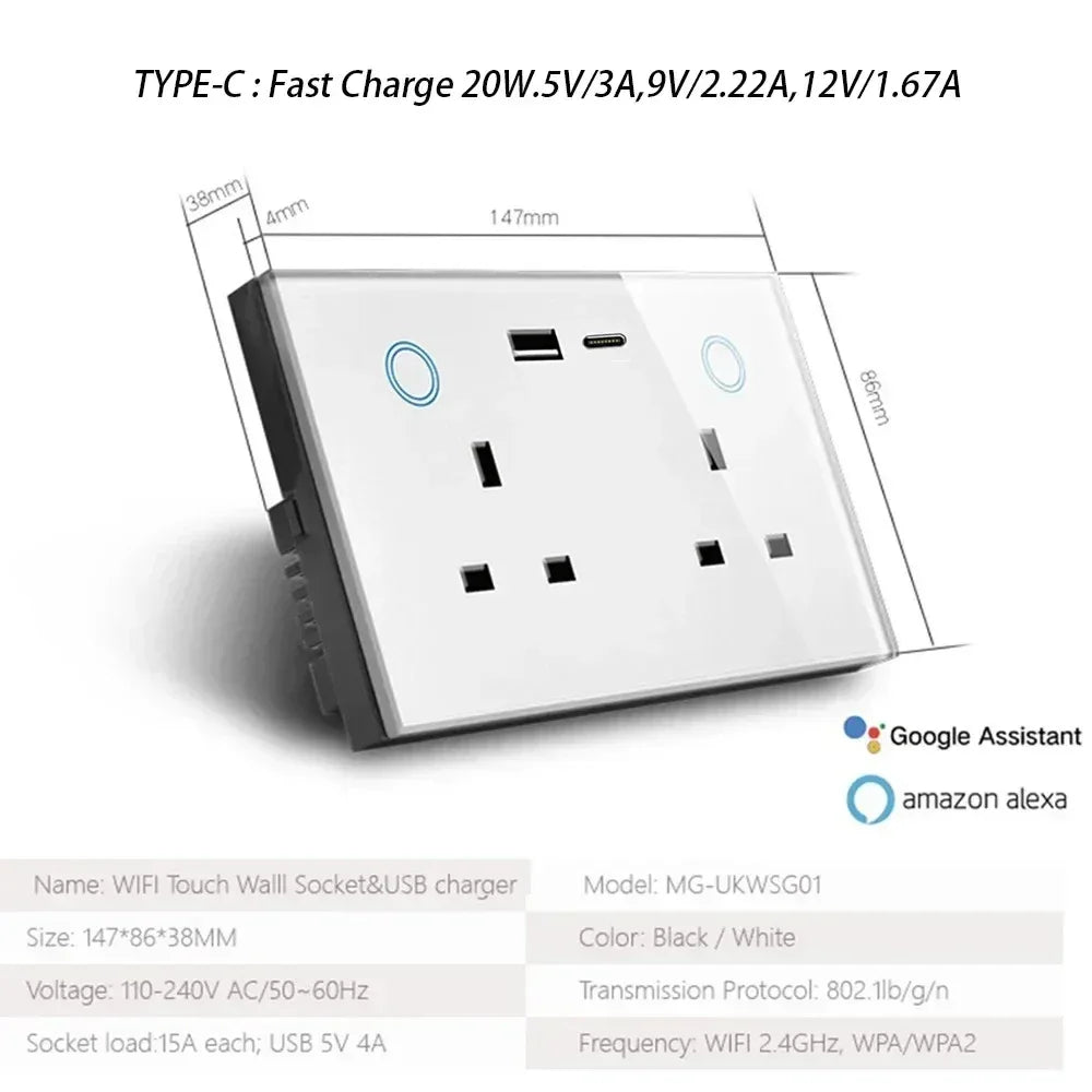 Melery WIFI Smart Tuya USB Type C PD 20W Wall Socket UK Plug Outlet Power Monitor Touch Switch Wireless Remote Alexa Google Home