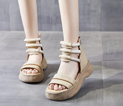 Koznoy 8cm Natural Genuine Leather Sandals Boots Flats Platform Wedge Summer Women Hollow Pumps Peep Toe Booties Mary Jane Shoes