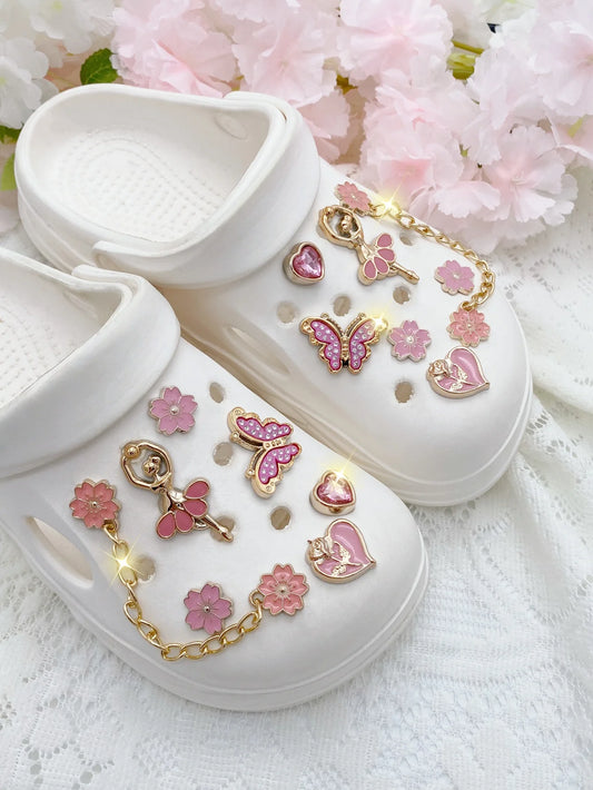 14pcs Fashion ABS Shoe Charms – Pink Flowers, Butterflies, Hearts & Flower Chains. DIY Removable Clog Decorations for Sandals, A by PDG ibma