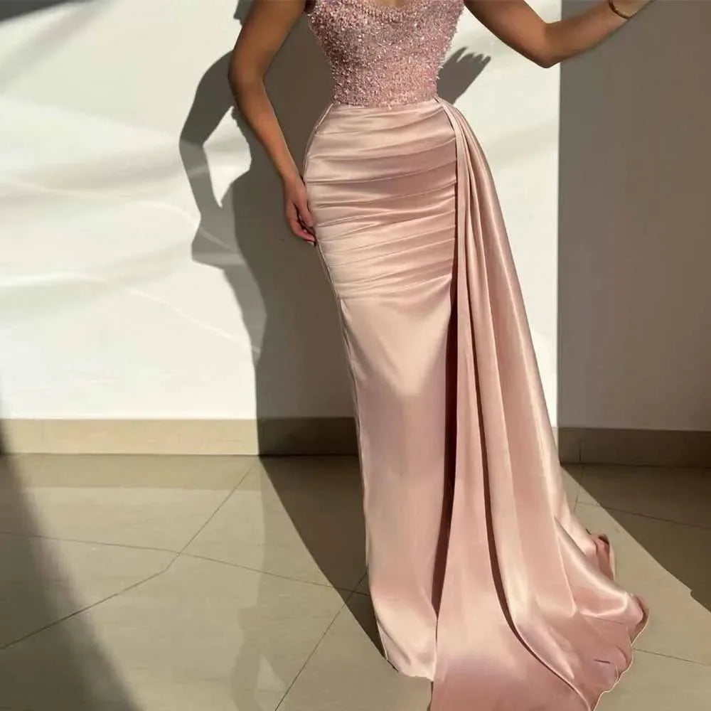 Pink Elegant Party Dresses Woman Satin Sheath/Column Valentine's Day Dress Sweetheart Beading Draped Pleat Prom Dress Long 2025