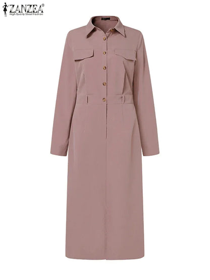 ZANZEA Women Lapel Long Sleeve Vestidos 2025 Spring Solid Work Dresses Casual Waisted No Belted Robe Office Lady Midi Spilt Robe