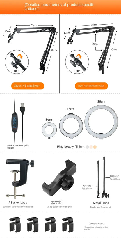 Phone Stand for Live Streaming, Desktop Boom Arm, Adjustable Height, Suitable for Selfie Shooting, Fill Light, Video Recording