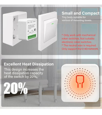 AUBESS Tuya WiFi Smart Switch 16A DIY Breaker Relay Module Smart Home Smart Life App 2 Way Remote Control Via Alexa Google Home
