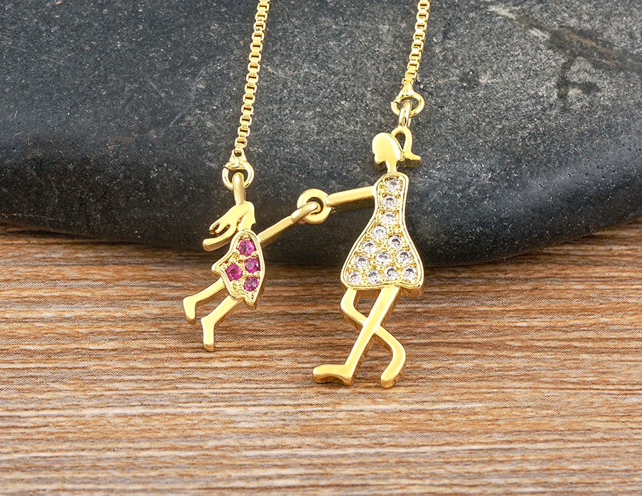Nidin Exquisite Gold Plated Mom Daughter Necklace Girl Boy Pendant Chain Choker Cubic Zirconia Jewelry Mother's Day Gift