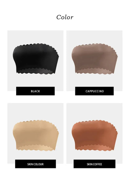 Hot Sale New Design Effective Slip-proof Scallop Side One Piece Bralette Padded Ice Silk Seamless Strapless Bra For Women
