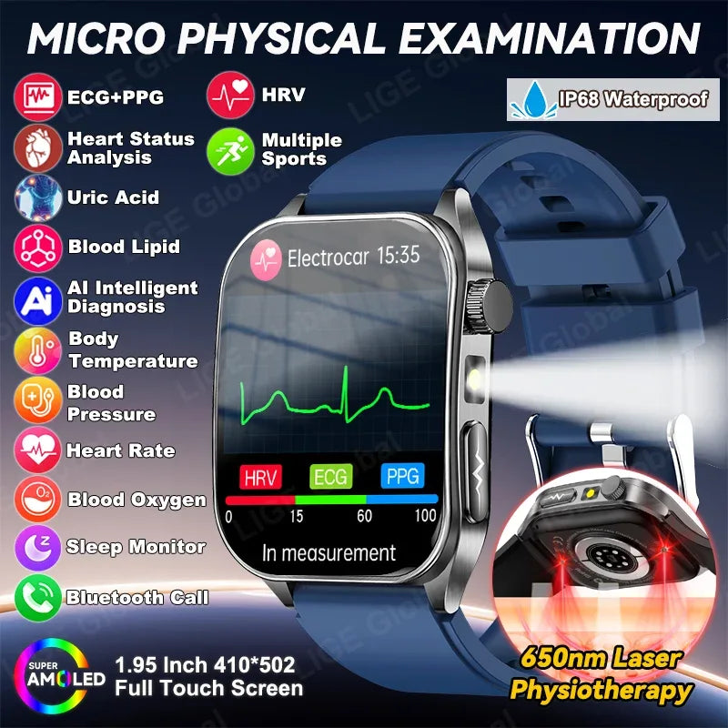 LIGE New Accurate ECG+PPG Smart Watch Laser Therapy Blood Lipid Uric Acid BP Heart Health Analysis BT Call Smartwatch Men Women