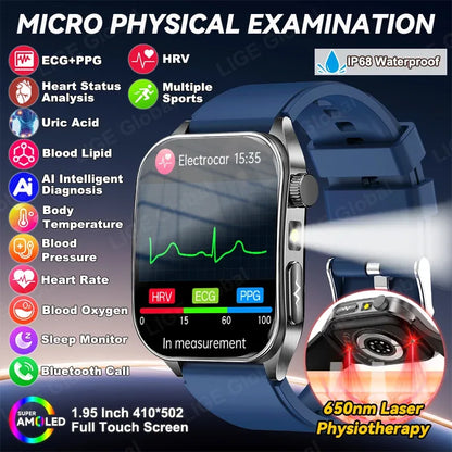 LIGE New Accurate ECG+PPG Smart Watch Laser Therapy Blood Lipid Uric Acid BP Heart Health Analysis BT Call Smartwatch Men Women