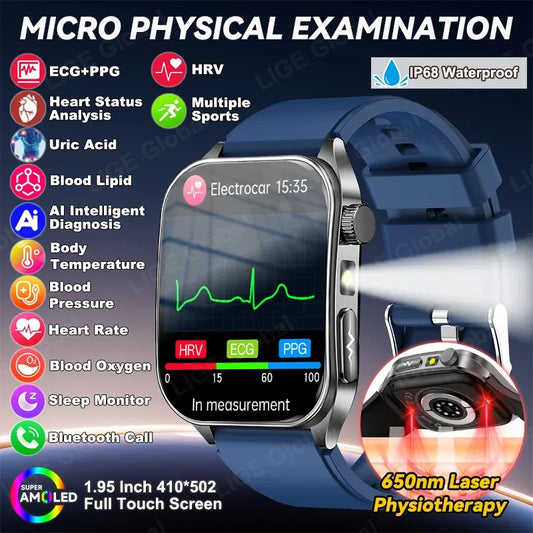 LIGE New Accurate ECG+PPG Smart Watch Laser Therapy Blood Lipid Uric Acid BP Heart Health Analysis BT Call Smartwatch Men Women
