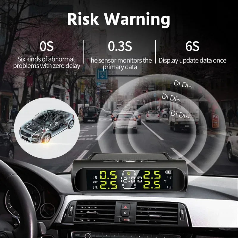Wireless Solar Charging TPMS Real-time Monitoring with Electronic Clock Display 4 Sensors Tire Pressure Monitoring System