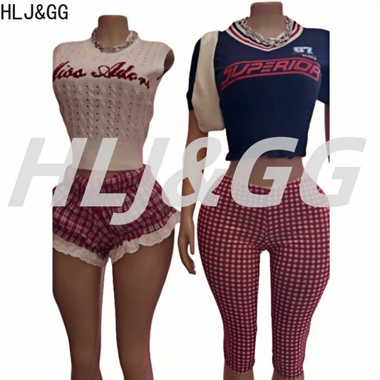 HLJ&GG White Knit Letter Fashion Y2K Outfits Women O Neck Sleeveless Slim Crop Top + Lace Plaid Shorts Two Piece Sets Streetwear