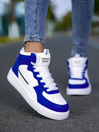 HKDQ Blue High Top Sneakers Unisex Non Slip Platform Men's Skate Shoes Spring Autumn Casual Leather Skateboard Shoes For Women