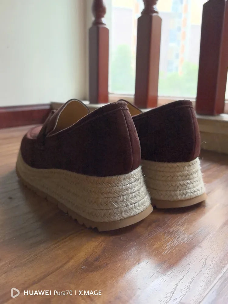 MKKHOU Fashion Loafers New High Quality Real Leather Suede Vintage Straw Braid Platform Shoes Daily Casual Light Shoes Neutral