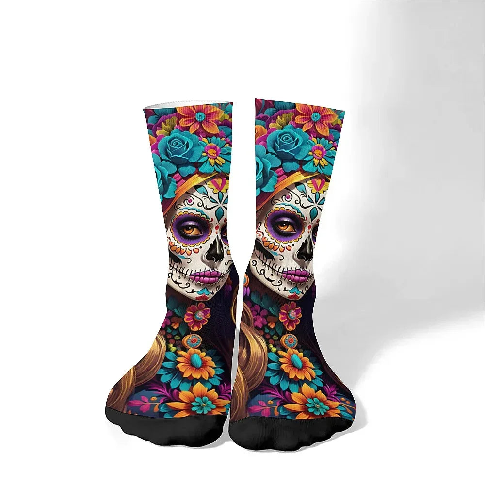 Mens Art Day of the Dead Themed Socks Mexican Grim Reaper Vintage Floral Design Soft Breathable Crew Socks Novelty Holiday Gift