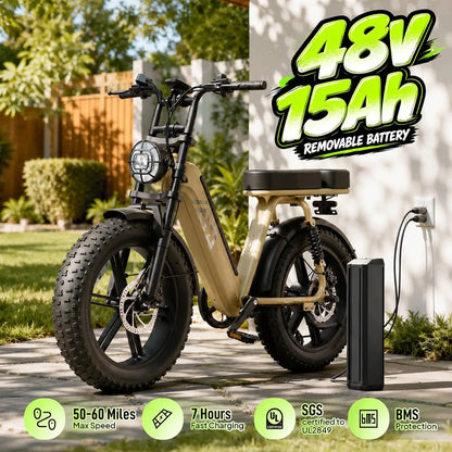TST R00C 1500W Electric Bike, 48V 15Ah, 28 MPH, 50-60 Miles Range, 20" Fat Tires, Rear Seat
