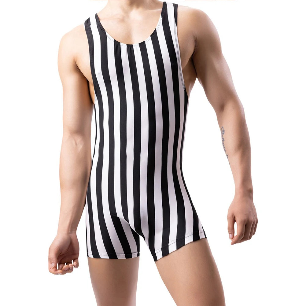 Mens Sexy Vertical Striped Sleeveless Fitness Bodysuit Thin Breathable Boxers Underwear Jumpsuits Sports Tight Pajamas Sleepwear