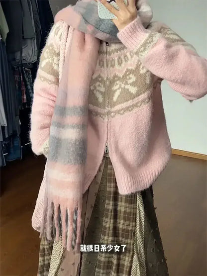 Cardigan Women Sweet Preppy Style Sweater Jacquard Knitted Soft Gentle Stylish Autumn Winter Outwear All-match Harajuku Chic