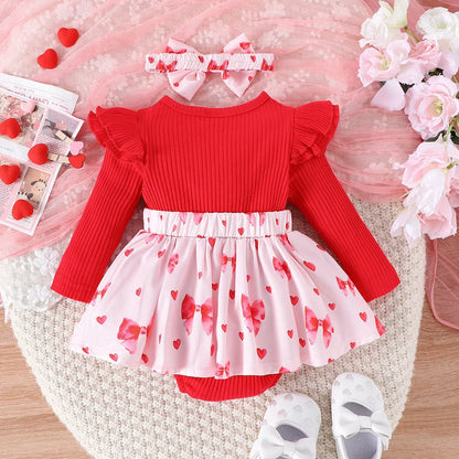 2PCS  Spring And Autumn New Style For Girls 0-1 Years Old Sweet And Comfortable Pit Strip Long-Sleeved False Straps Hat Dress