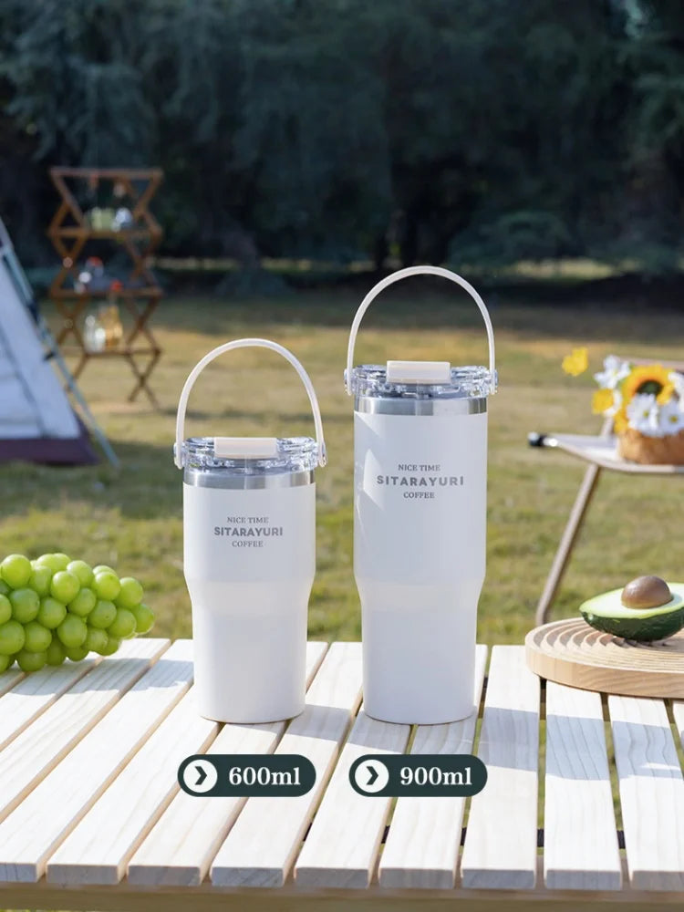 JUSTINLAU 600/900ml Insulated Cups Stainless Steel Double-drinking Thermos Cup with Handle& Straw Sports Bottle Car Ice Tumbler