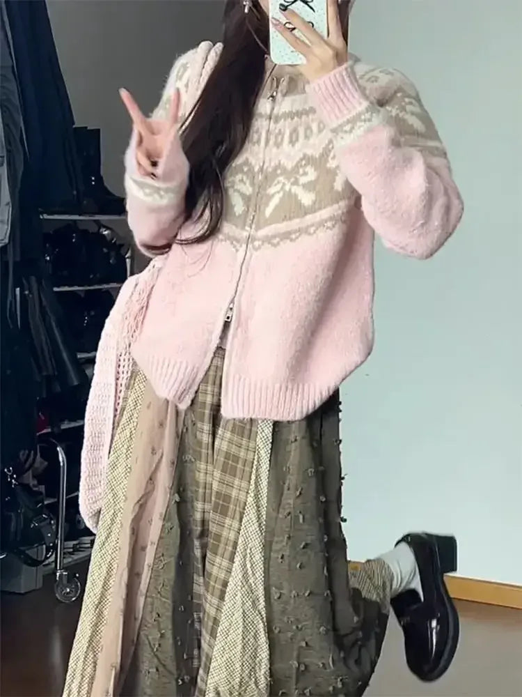 Cardigan Women Sweet Preppy Style Sweater Jacquard Knitted Soft Gentle Stylish Autumn Winter Outwear All-match Harajuku Chic