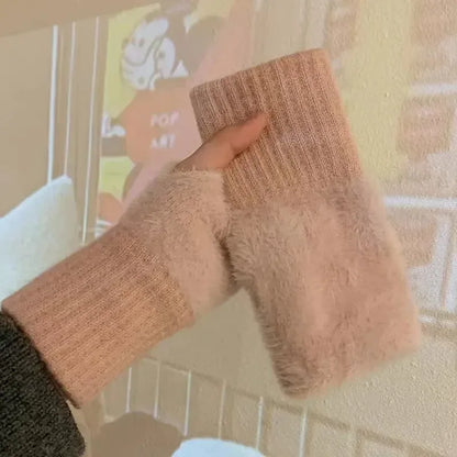 New Solid Color Plush Gloves Women in Autumn and Winter Warm Luxury Woolen Knitted Touch Screen Open Finger Half Finger Gloves