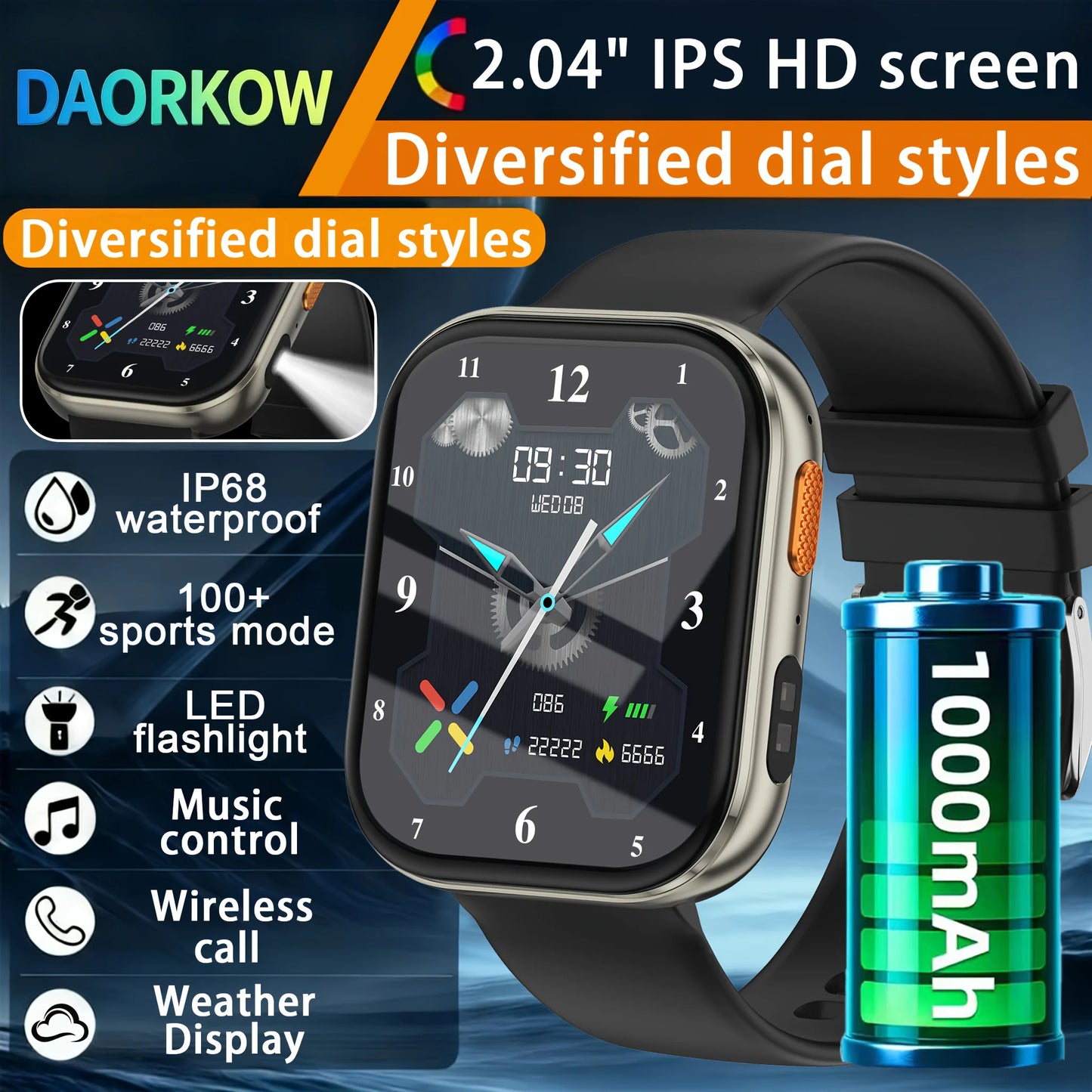 2026 2.04-inch Ultra Smart Watch 1000mAh High Capacity Battery Outdoor Sports Fitness Health Monitoring Smartwatch For Men Women