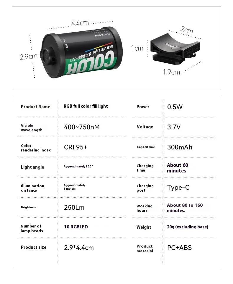 TTARTISAN RGB BI Fill Light Video Light Magnetic Mount Reteo Film Style Mini LED Light 0.5W 3000/4500/6000K CRI 95+ 300mAh TT