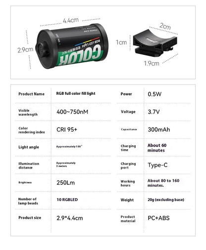 TTARTISAN RGB BI Fill Light Video Light Magnetic Mount Reteo Film Style Mini LED Light 0.5W 3000/4500/6000K CRI 95+ 300mAh TT