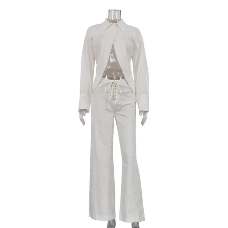INS Loose Tracksuit Elegant Women Trousres Set Y2K Outfits Long Sleeve Irregular Blouse Top Lace Up Wide Leg Pants Two Piece Set