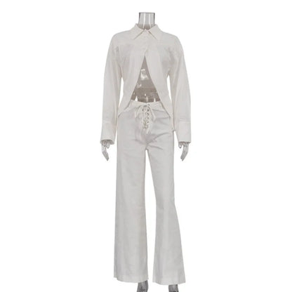 INS Loose Tracksuit Elegant Women Trousres Set Y2K Outfits Long Sleeve Irregular Blouse Top Lace Up Wide Leg Pants Two Piece Set