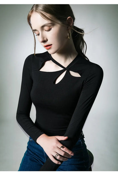 Spring Autumn Modal T-shirts Women Long Sleeve Irregular Collar Hollow Out Tees Shirts Female Base Tops