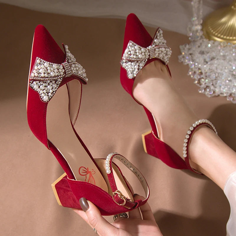 Maogu 2023 Pearl Bowtie Ankle Strap High Heels Shoes Woman Beige Red Bling Crystal Wedding Shoes Elegant Med Heels Women's Pumps