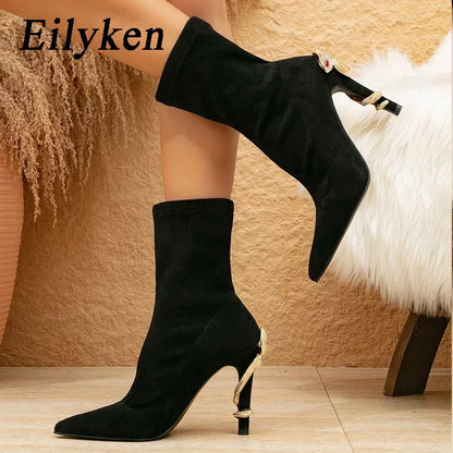 Eilyken Crystal Rhinestone Black Thin Heels Shoes Ankle Boots Women Pointed Toe Strap Zapatos De Mujer