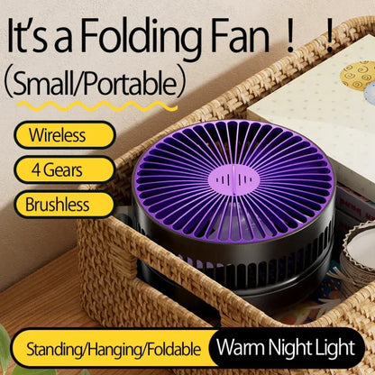 New 5000mAh Rechargeable 3IN1 Multifunctional Portable Fan Wall Mounted Fan 90° Folding Fan 4 Gears With Warm Night Light