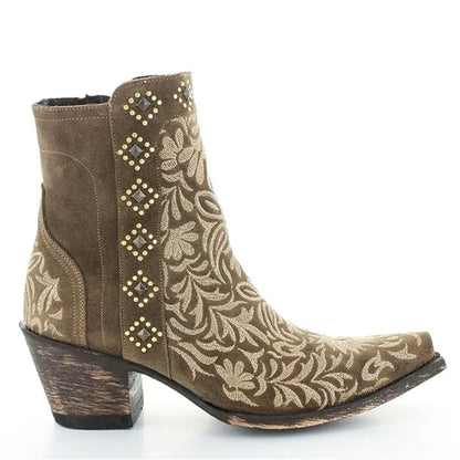 Autumn Winter Ladies Boots Casual Embroidery Zipper Ankle Boots Rivet Western Pointed Toe Low-heel Warm Boots For Ladies Shoes